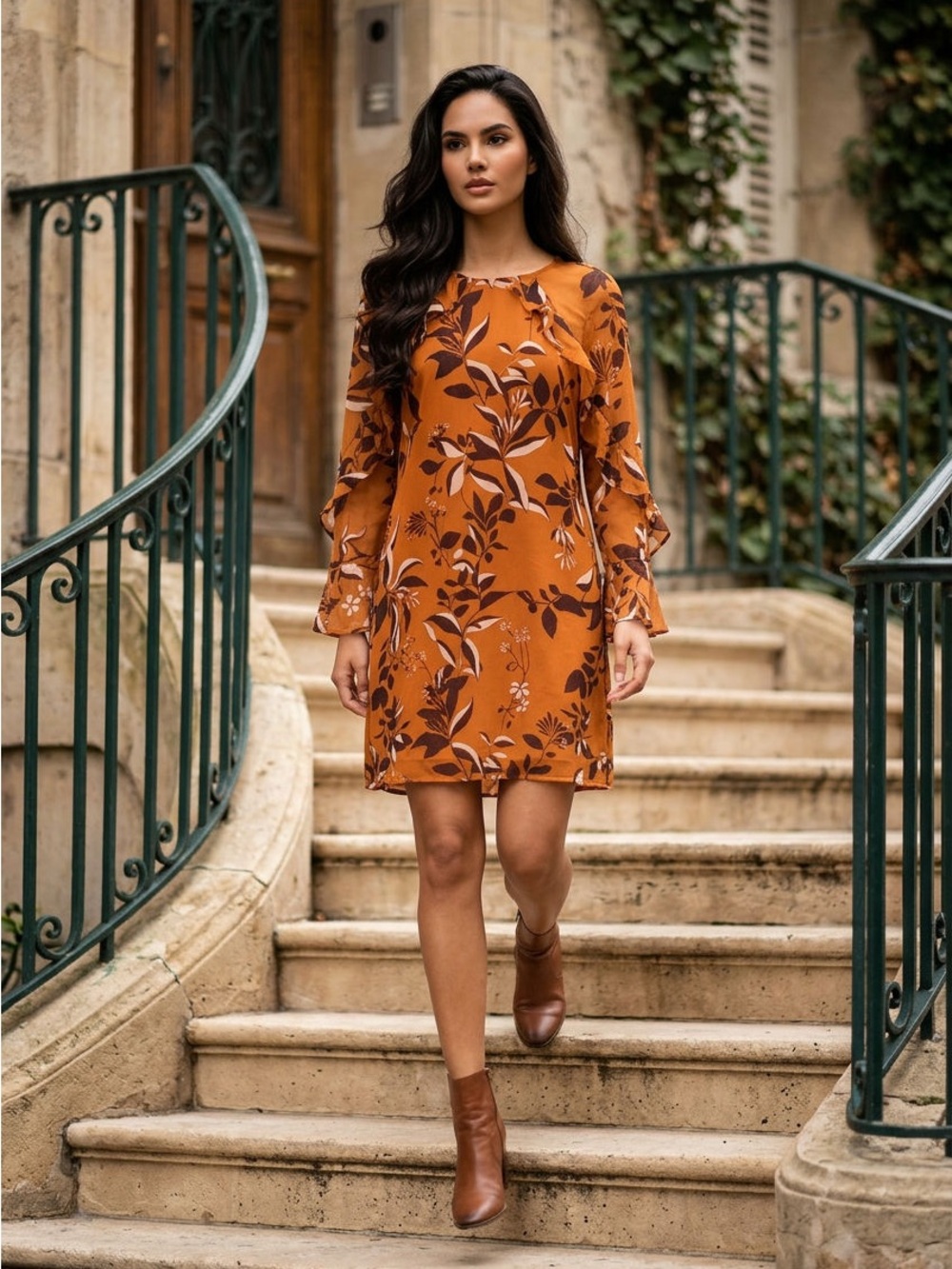 Ann Taylor Rust Orange Floral Long-Sleeve Shift Dress